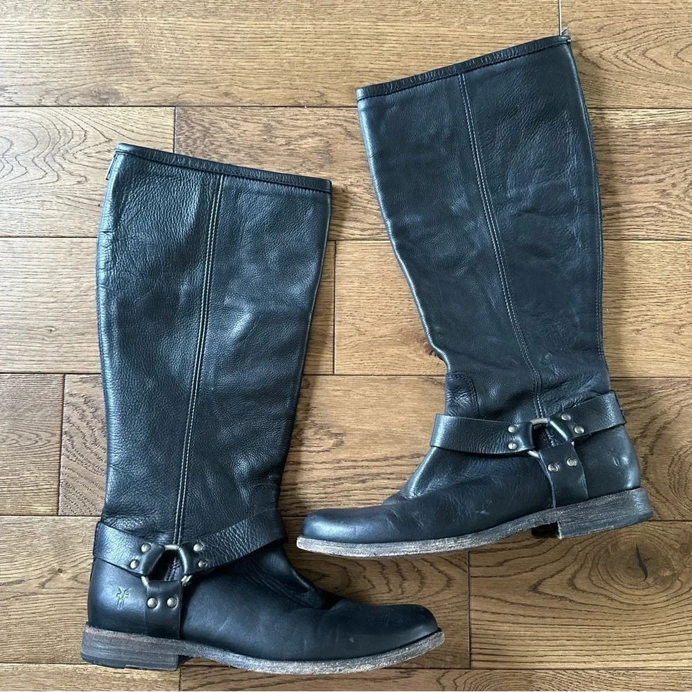 Frye Phillip Harness Tall Black Leather Boots Sz 10